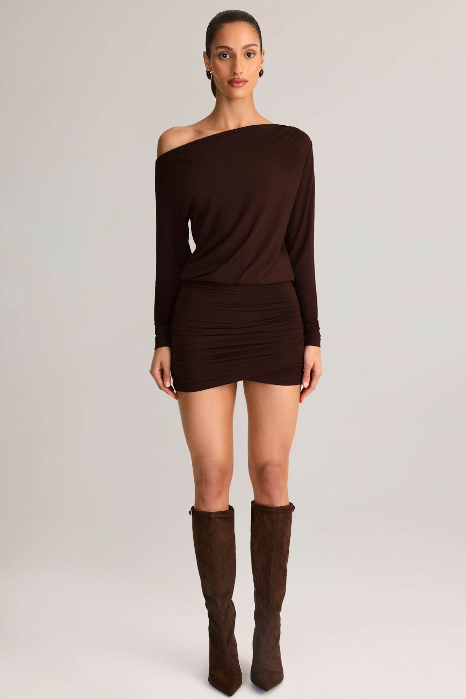 Modal Off-Shoulder Mini Dress in Chocolate Brown