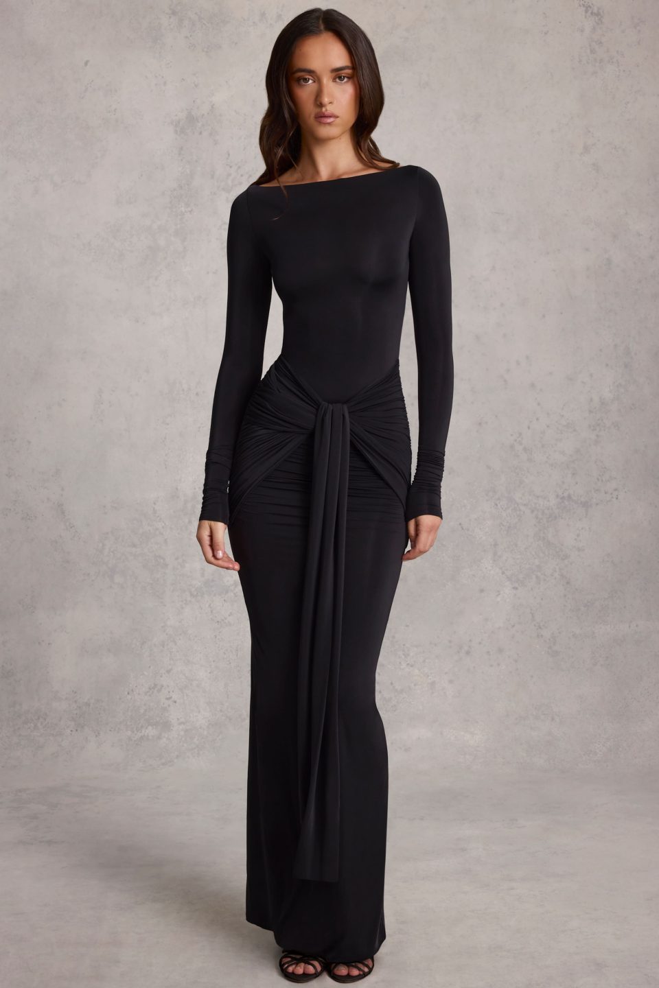 Draped Ruched Maxi Dress in Black