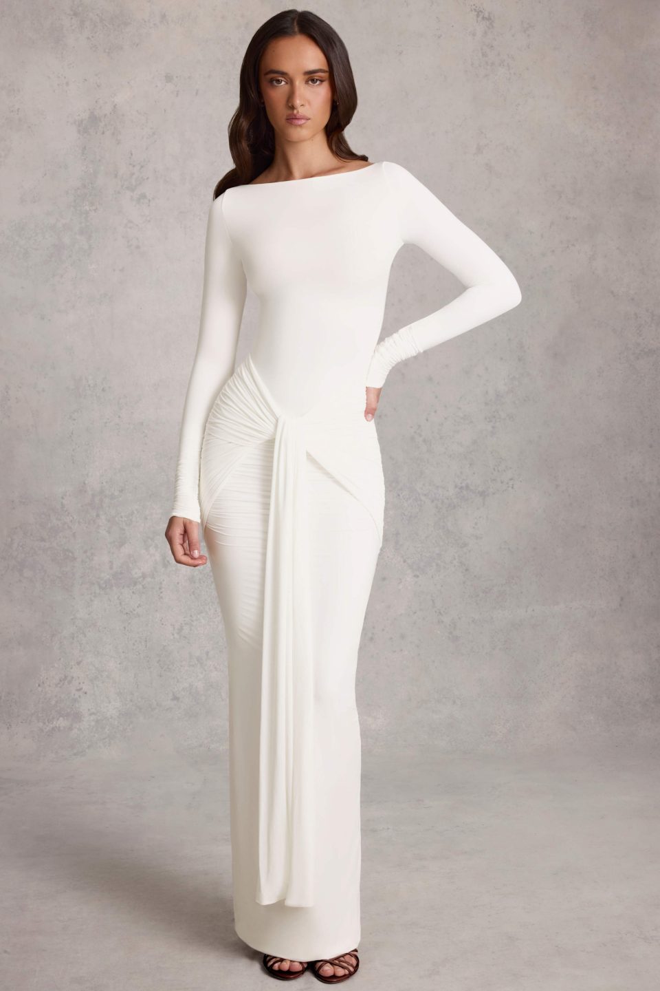 Draped Ruched Maxi Dress in White