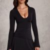 Ruched Long-Sleeve A-Line Mini Dress in Black