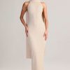 Knit Scarf-Detail Halterneck Maxi Dress in Cream