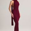 Knit Scarf-Detail Halterneck Maxi Dress in Wine