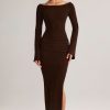 Knit Boat-Neck Long-Sleeve Maxi Dress in Chocolate Brown