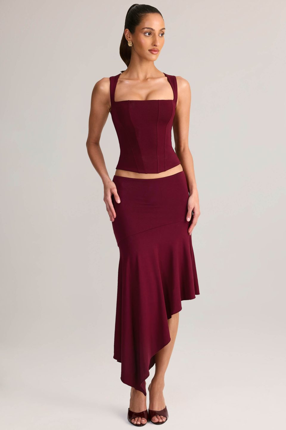 Modal Asymmetric Low-Rise Midaxi Skirt in Wine
