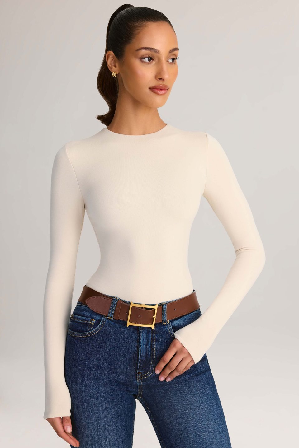 Modal Round-Neck Long-Sleeve Bodysuit in Cream