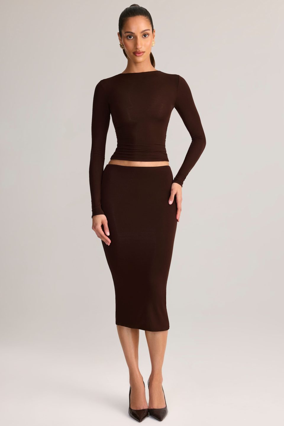 Modal Mid-Rise Pencil Skirt in Chocolate Brown