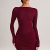 Modal Draped Long-Sleeve Mini Dress in Wine