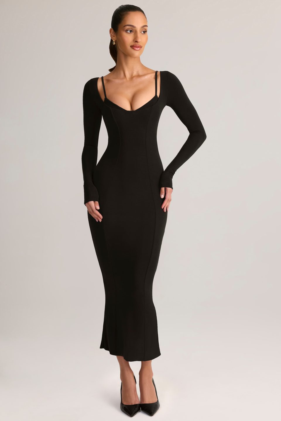 Modal Peekaboo Long-Sleeve Midi Dress in Black