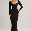 Modal Peekaboo Long-Sleeve Midi Dress in Black