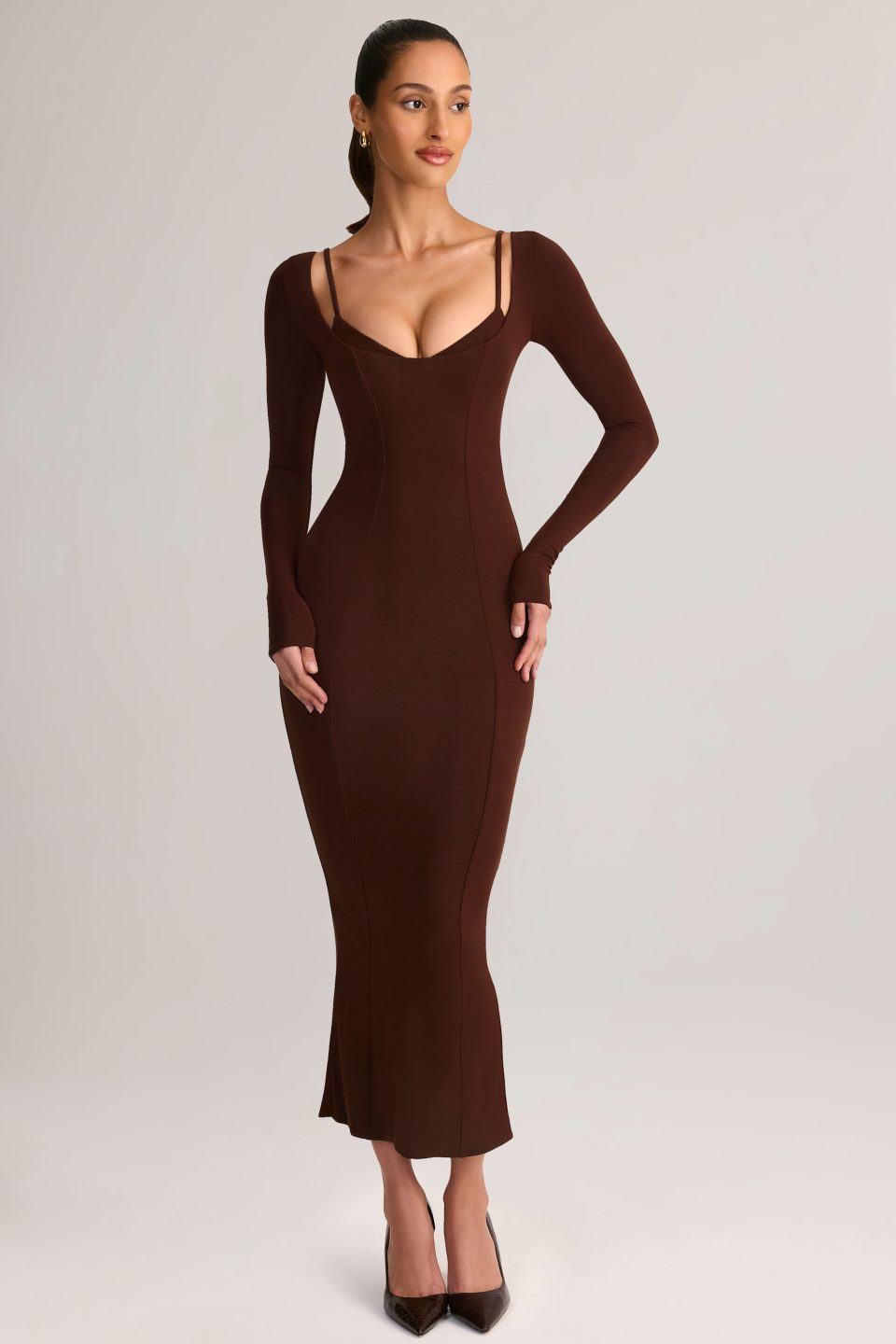 Modal Peekaboo Long-Sleeve Midi Dress in Chocolate Brown
