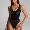 Vinyl Plunge-Neck Bodysuit in Black