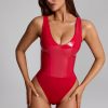 Vinyl Plunge-Neck Bodysuit in Fire Red