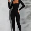 Square Neck Long Sleeve Jumpsuit in Black