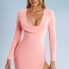 Cowl Neck Thigh Split Mini Dress in Blush