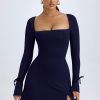Square Neck Long Sleeve Mini Dress in True Navy