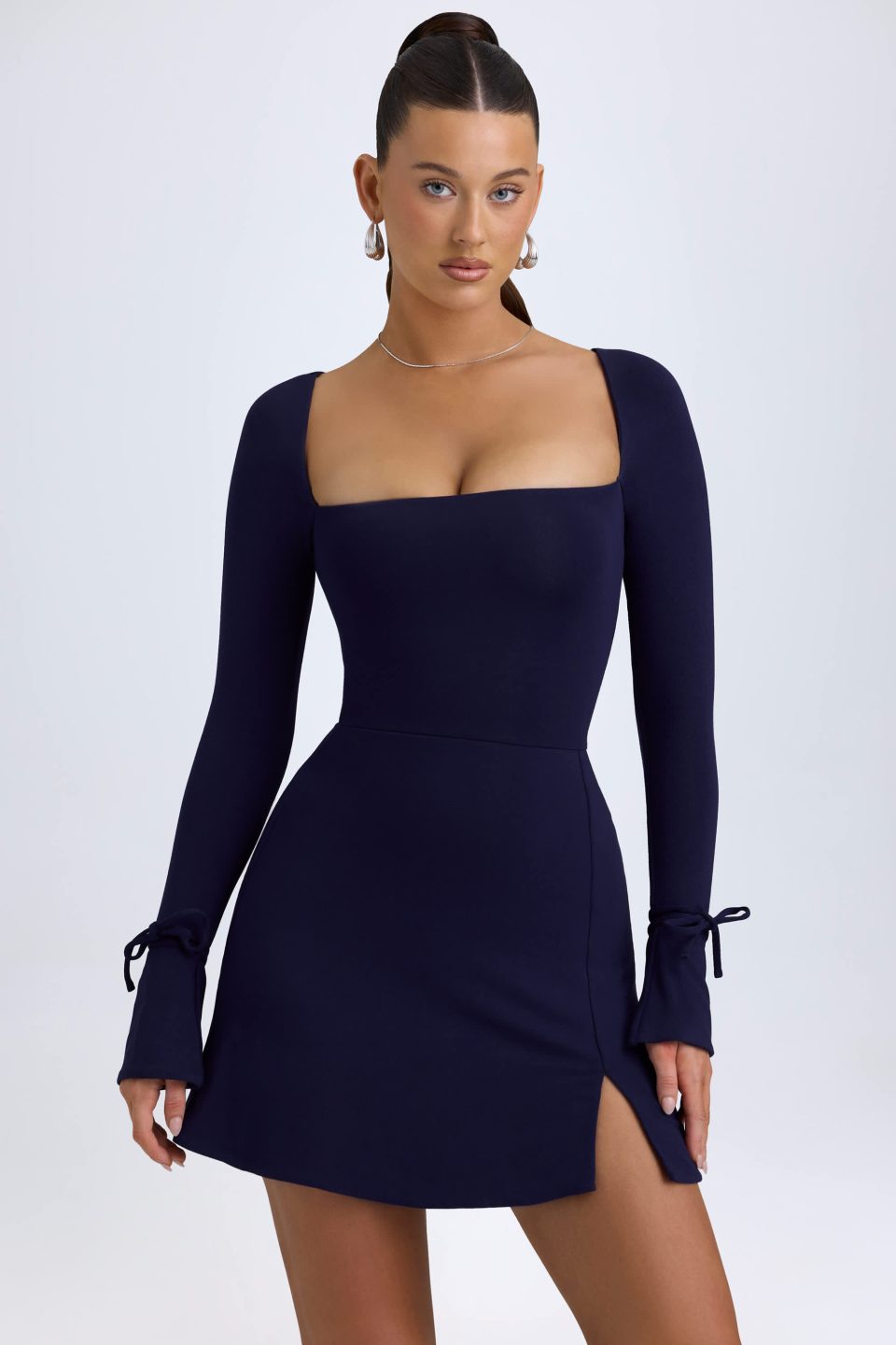 Square Neck Long Sleeve Mini Dress in True Navy