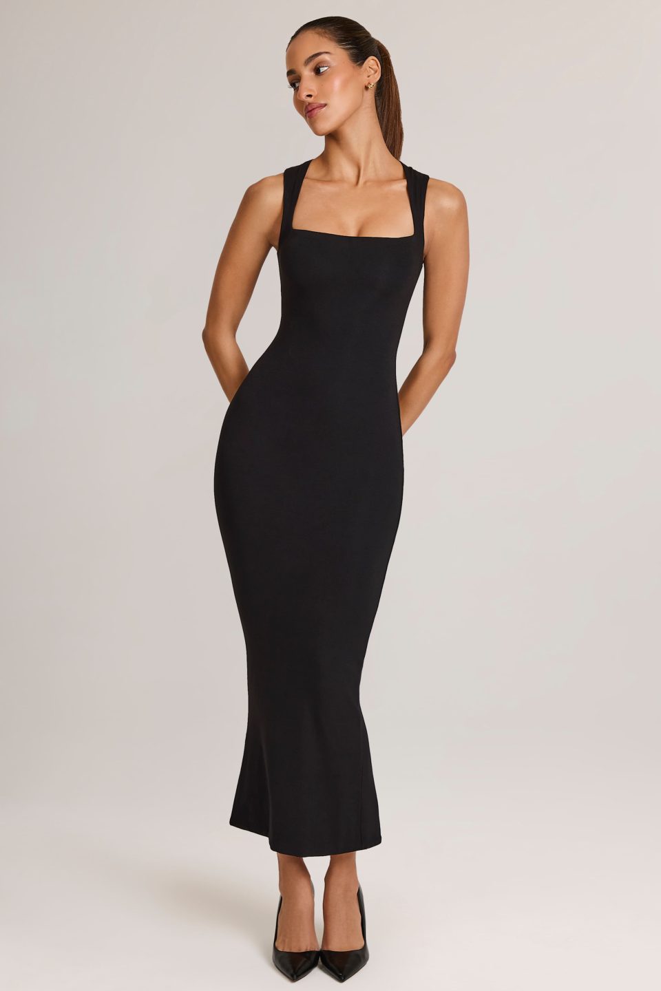 Square Neck Midi Dress in Black