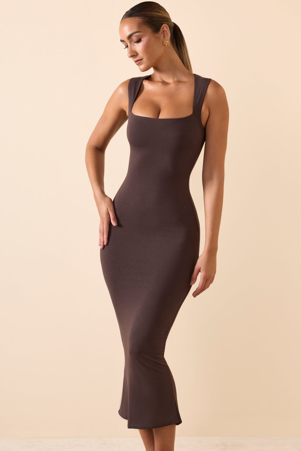 Square Neck Midi Dress in Chocolate Brown