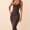 Square Neck Midi Dress in Chocolate Brown