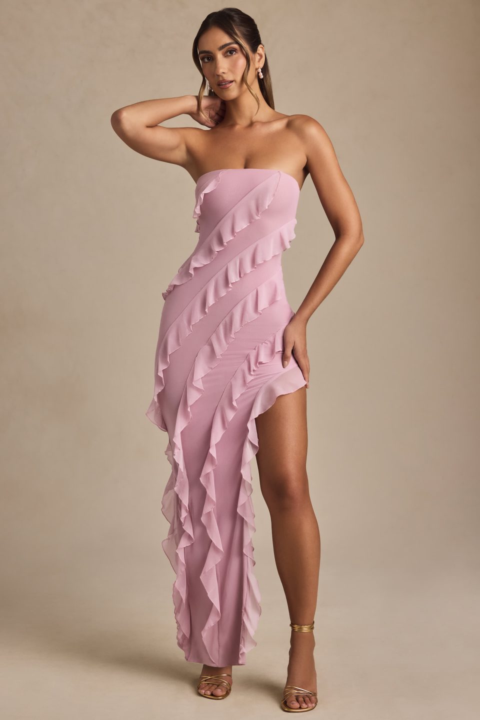 Bandeau Ruffle Detail Maxi Dress in Dusty Pink