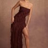 Bandeau Ruffle Detail Maxi Dress in Brown