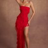 Bandeau Ruffle Detail Maxi Dress in Red