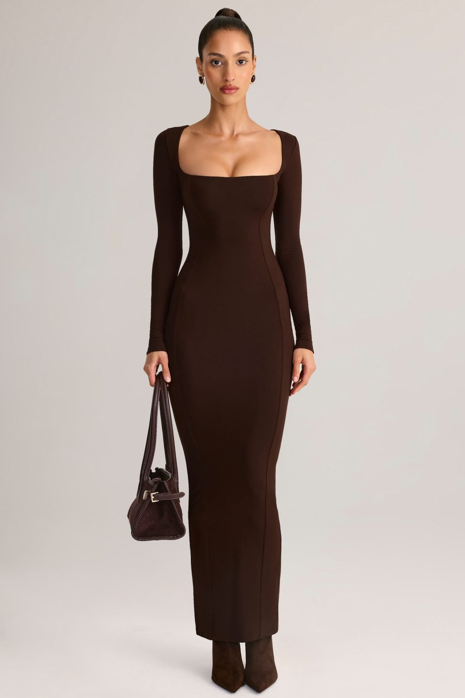 Modal Square-Neck Maxi Dress in Chocolate Brown