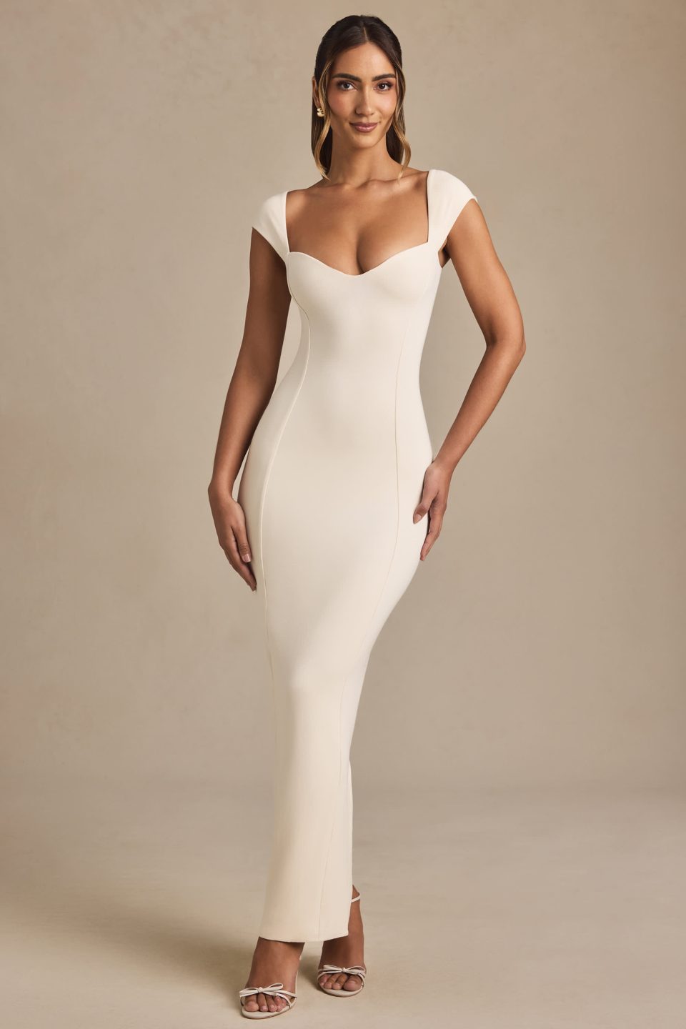 Modal Sweetheart-Neck Cap-Sleeve Midaxi Dress in Ivory