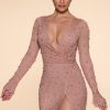 Embellished Wrap Over A-Line Mini Dress in Beige