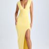 High Split Plunge Neck Maxi Dress in Lemon Sherbet