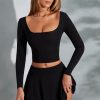 Square-Neck Long-Sleeve Crop Top in Black