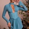 Long Sleeve Plunge Neck Mini Dress in Teal