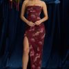 Bandeau Cowl-Neck Maxi Dress in Maroon Floral Print