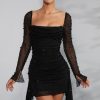 Long Sleeve Embellished Cowl Neck Mini Dress in Black