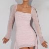 Long Sleeve Embellished Cowl Neck Mini Dress in Blush