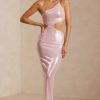 Sheer Sequin One Shoulder Cut Out Maxi Dress in Lilac