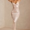 Sheer Sequin V-Neck Cut Out Back Evening Gown in White