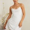 Hand Embellished Cowl Neck Mini Dress in White