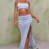 Shirred Thigh High Split Mid Rise Maxi Skirt in Sky Grey