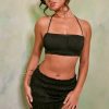 Shirred Halter Neck Crop Top in Black