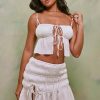 Shirred Thigh High Split Mid Rise Mini Skirt in White