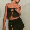 Shirred Thigh High Split Mid Rise Mini Skirt in Black