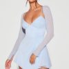 Embellished Long Sleeve Angled Hem Mini Dress in Blue