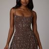 Sheer Embellished Scoop Neck Mini Dress in Deep Cocoa