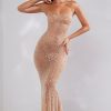 Sheer Embellished Scoop Neck Evening Gown in Almond