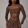 Sheer Embellished V Waist Mini Skirt in Deep Cocoa