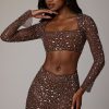 Sheer Embellished Long Sleeve Crop Top in Deep Cocoa