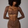 Sheer Embellished V Waist Mini Skirt in Mocha