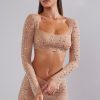 Sheer Embellished Long Sleeve Crop Top in Almond