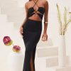 Cut Out Halter Neck Floor Length Maxi Dress in Black